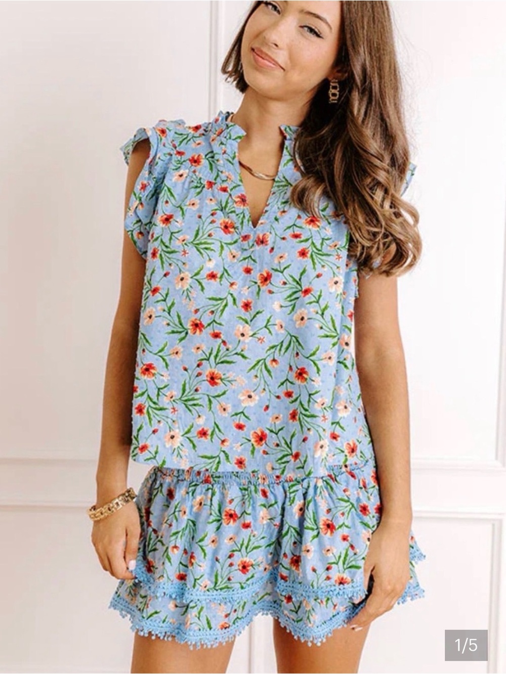 Blue Floral Ruffle Top